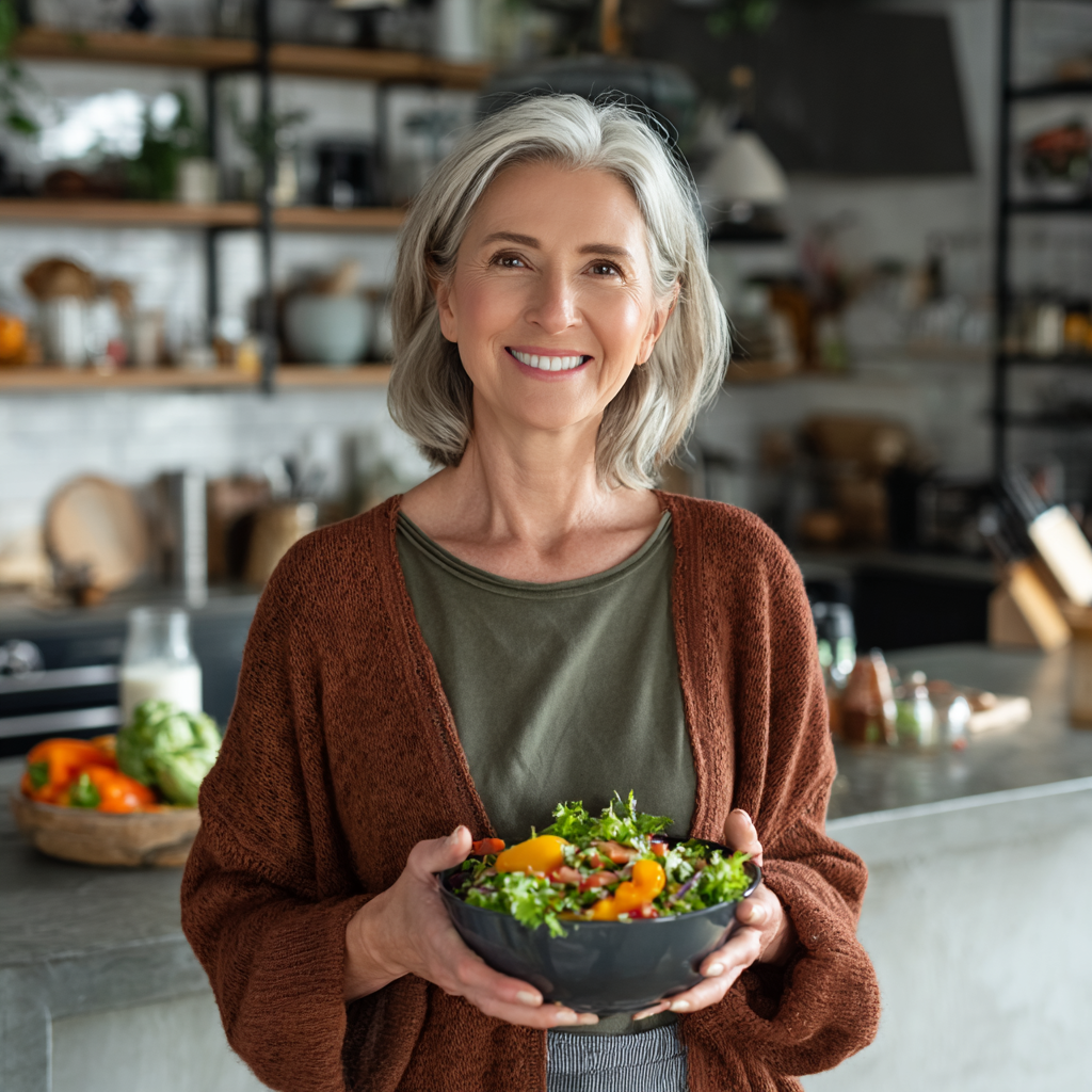 Happy middle-aged Ukrainian woman smiling while holding fresh vegetables and fruits, representing healthy nutrition planning