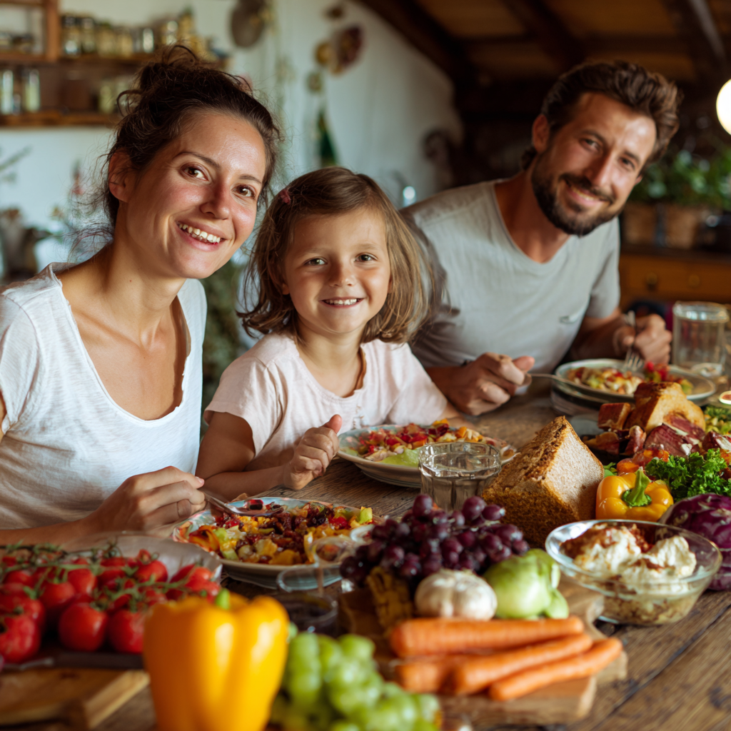 Elderly Ukrainian couple smiling while preparing fresh seasonal vegetables together in a bright kitchen